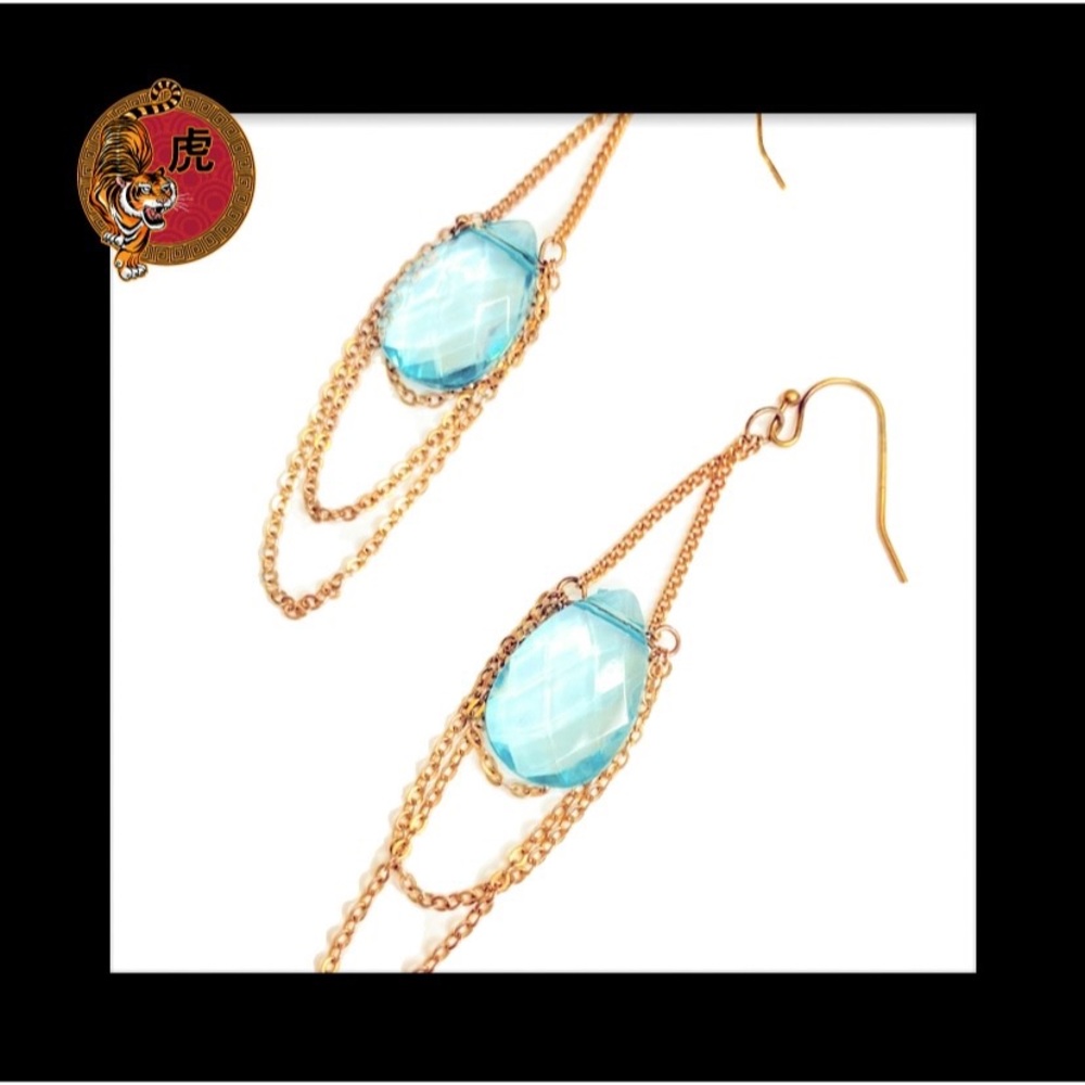 🔴 Dangle Earrings w/ Chandelier Layering Aqua Stone